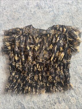 Free People Black and Gold Floral Smocked Off-Shoulder Crop Top